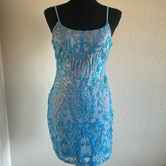Blue Sequin Mini Dress Backless Size Medium - Picture 1 of 8